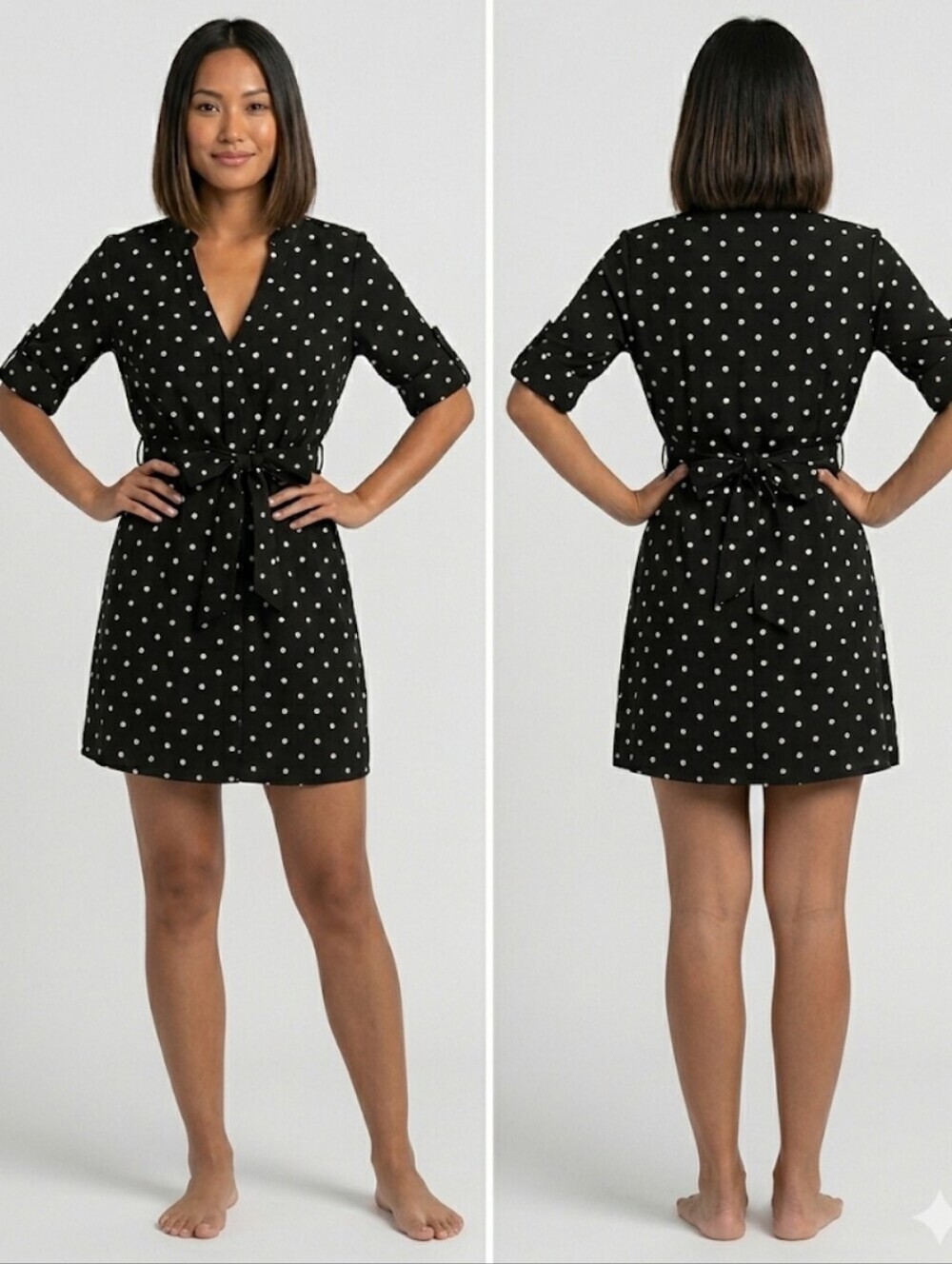 Black Polka Dot Tie Waist Mini Dress Size XS Parisian Chic Coquette